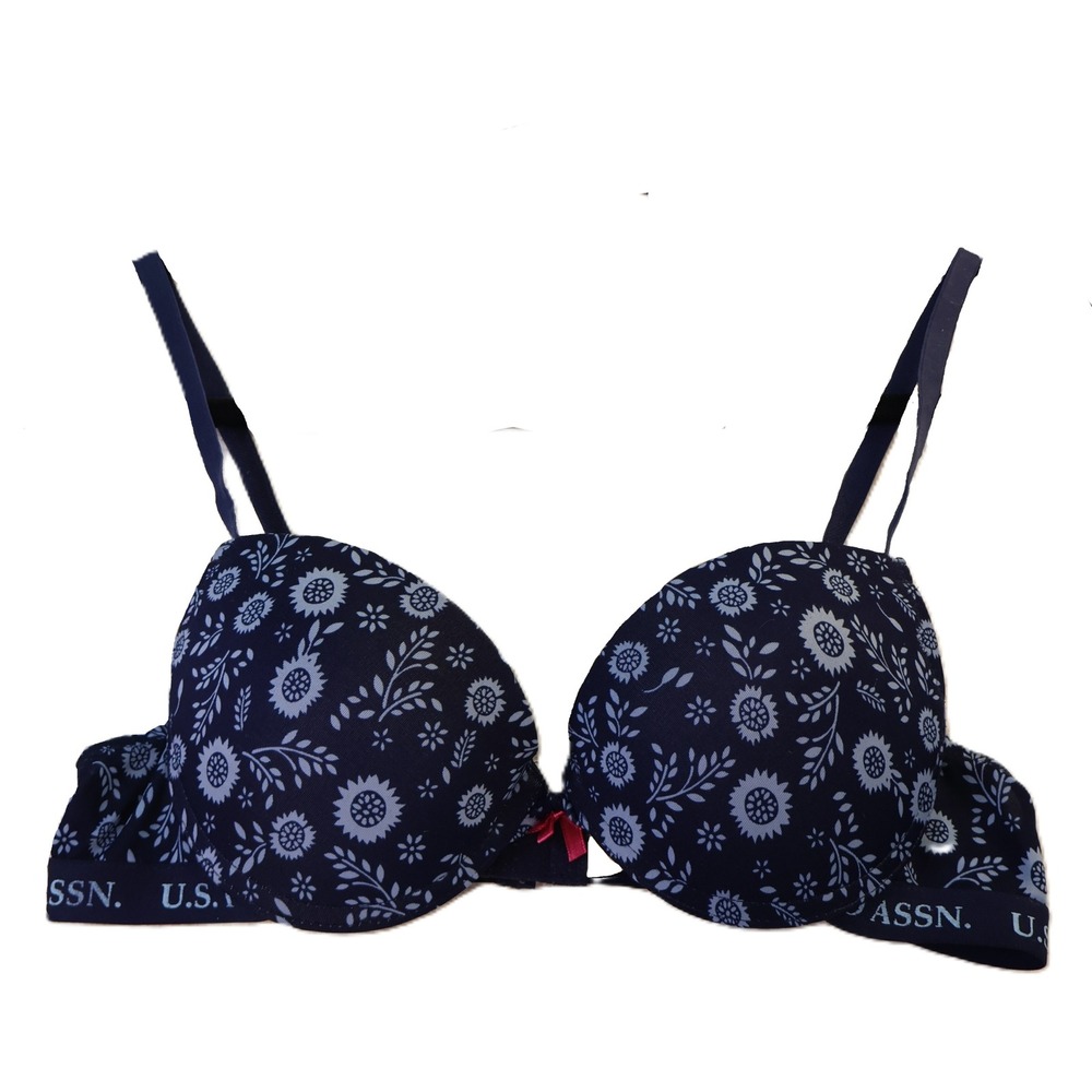 U.S. Polo Assn Women 34B T-Shirt Bra Navy Blue Floral Logo Band Contour Padded